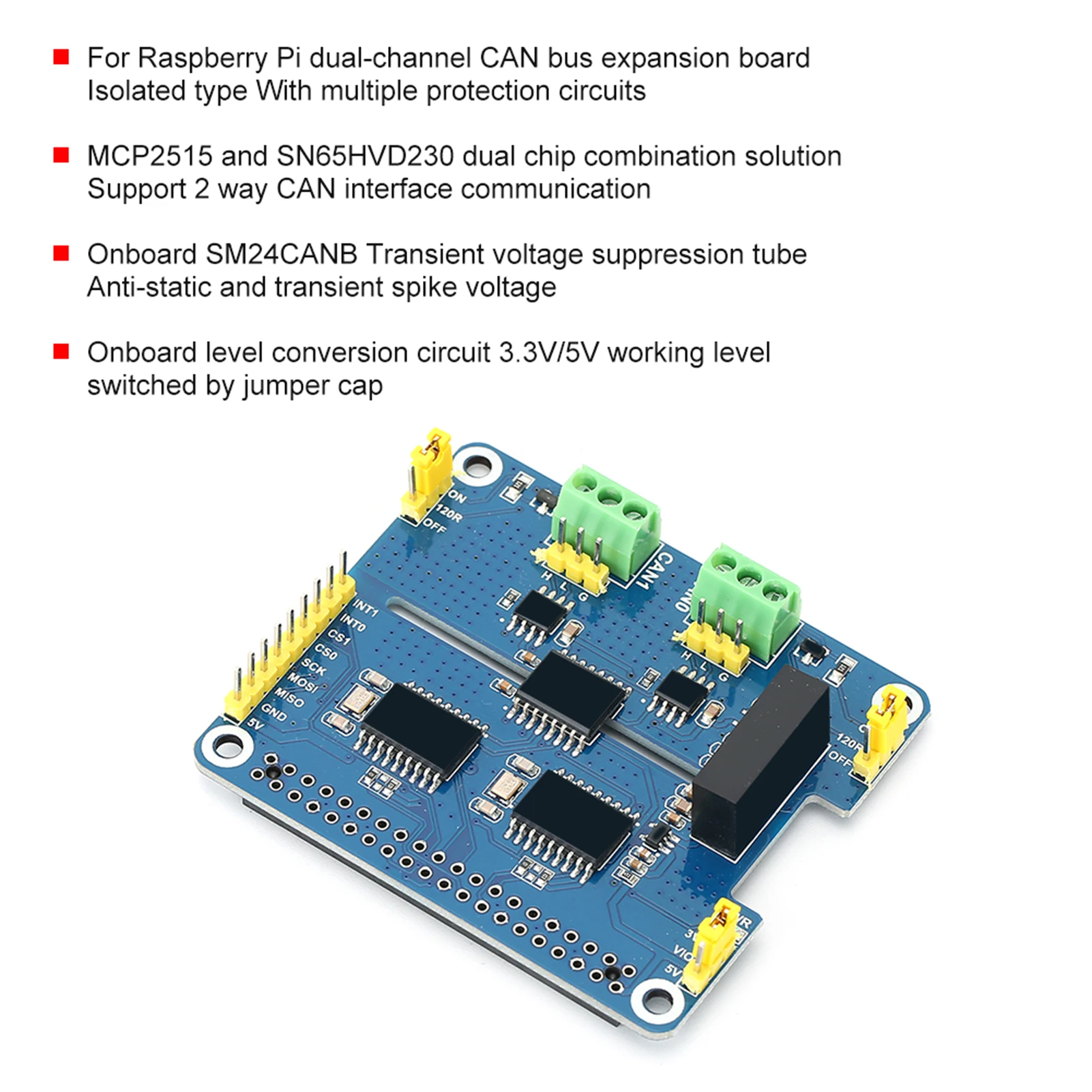 

CAN Board CAN Module Bus-Line Dual-Channel Isolated Onboard Circuit for Raspberry Pi Expansion Module Expansion Board