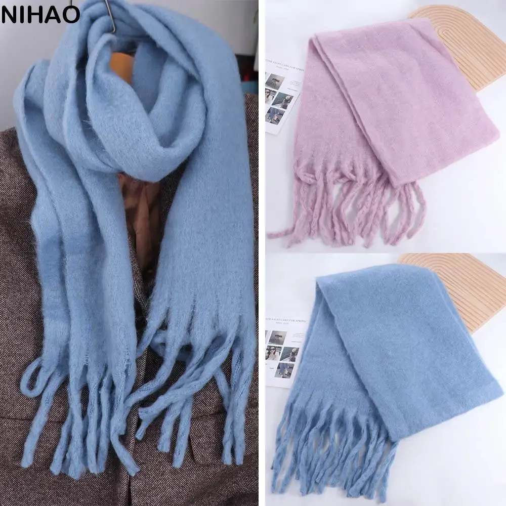 

1PC New Soft Winter Cashmere Scarf Solid Color Warm Long Tassel Scarves Mohair Thickened Wrap Shawls For Women Girls