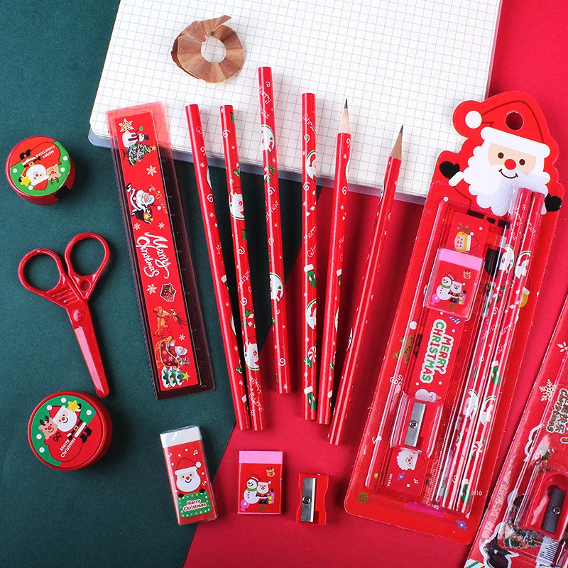Pencil Ruler Eraser Sharpener Set In Cartoon Gift Package Children'S Christmas Gifts Prizes 5pcs/Set Stationery Set