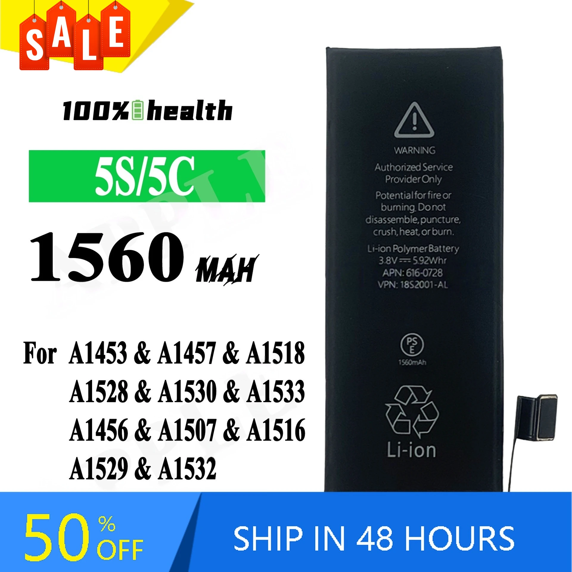 Batería de 1560mAh para Apple iPhone 5s 5c A1453 A1457 A1518 A1528 A1530 A1533 A1456 A1507 A1516 A1529 A1532