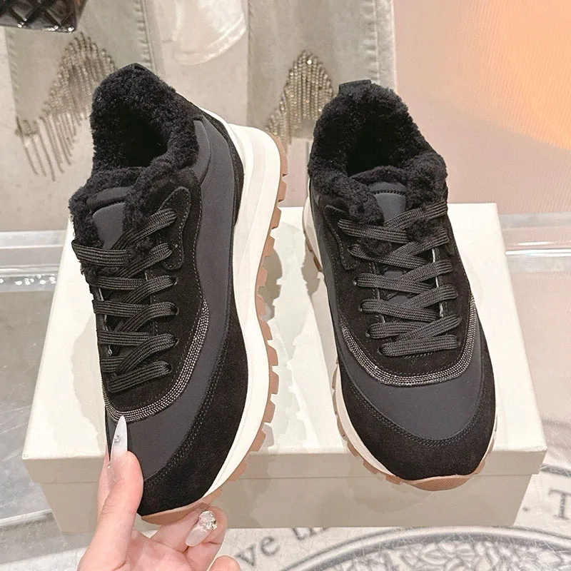 Sneakers String Bead Lace Up Patchwork Flat Shoes Women Thick Sole Daddy Shoes Real Wool Lining Warm Casual Shoes Autumn Winter