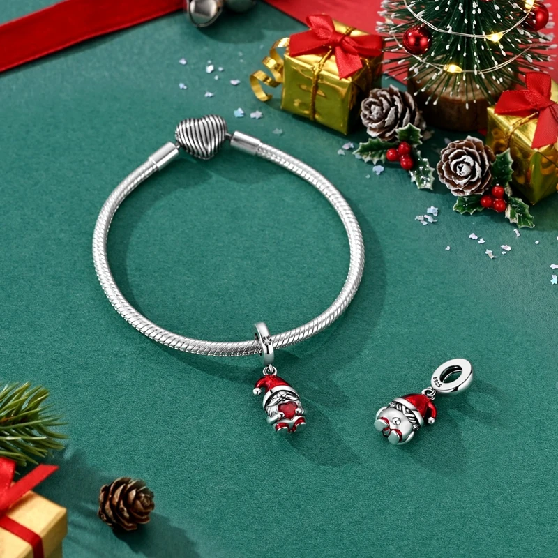 925 Sterling Silver Charms Bead CZ Zircon Santa Claus Holds Heart Pendants DIY Jewelry Woman Gift