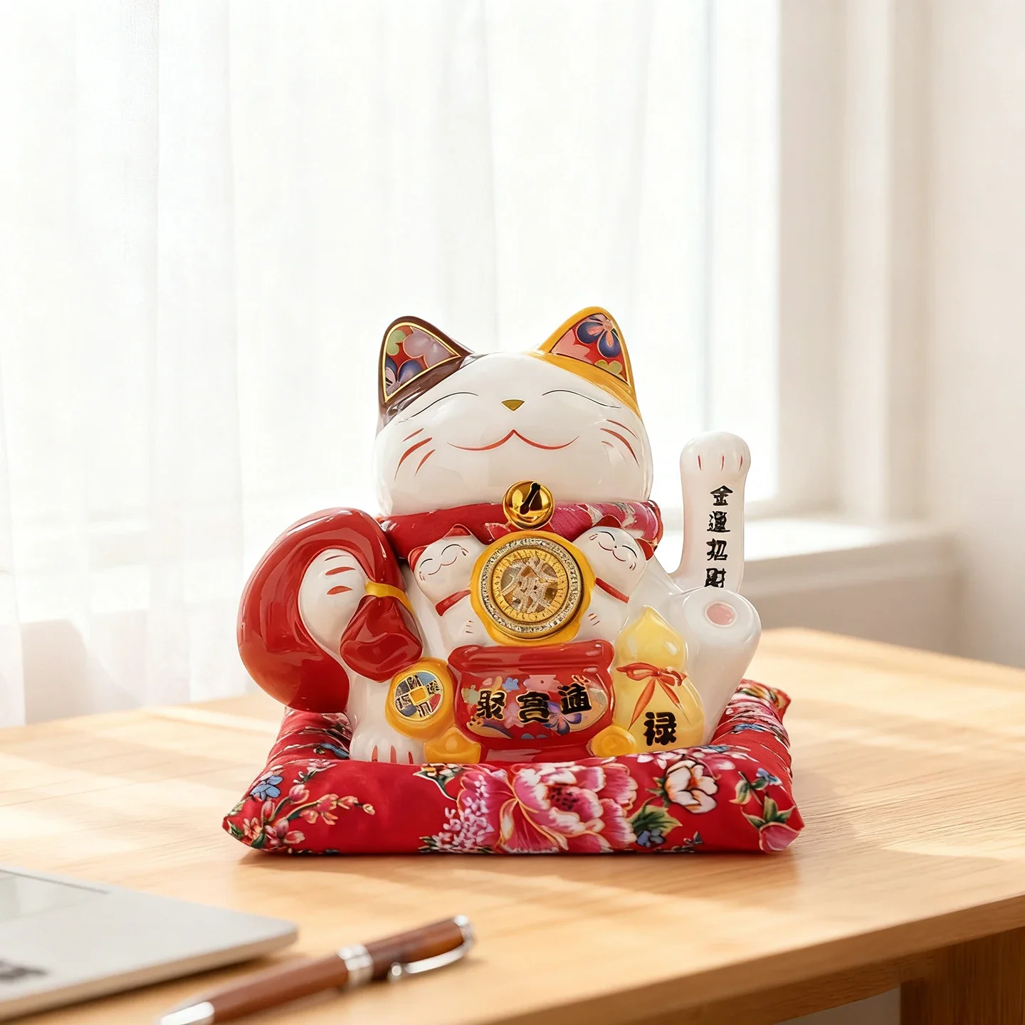 7 Inch Fortune Cat with Waving Arm Ceramic Lucky Cats Feng Shui Centerpiece Decor Ornament for Home Office Shop Decoration