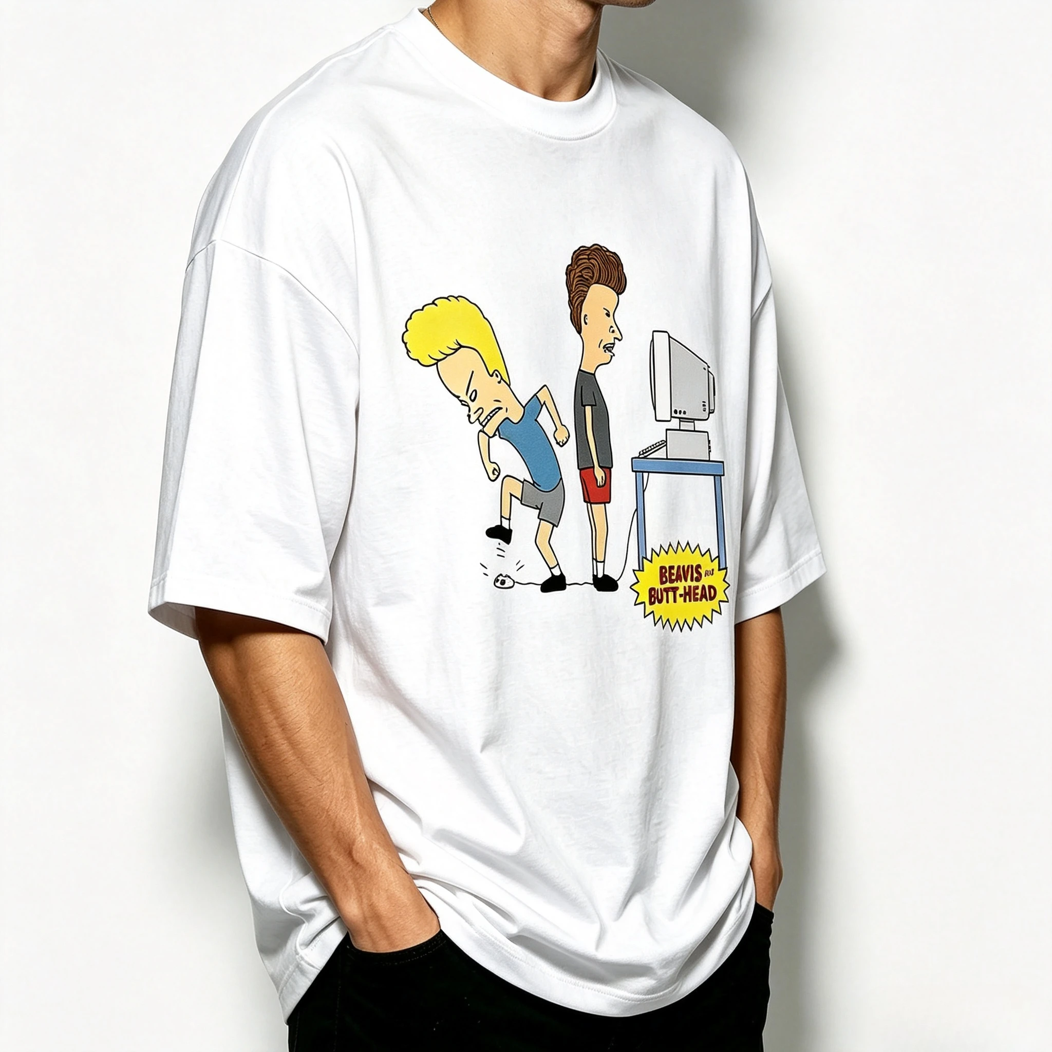 Modal Men T‑Shirt Beavis And Butt‑Head Retro Cartoon Scene Graphic Print O‑Neck Short Sleeve Streetwear Loose Casual Daily Tops
