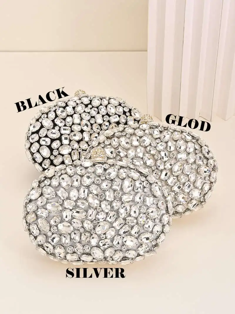 

Ladies' evening clutch, ladies' silver crystal evening bag - handmade diamond-studded oval evening bag with detachable chain
