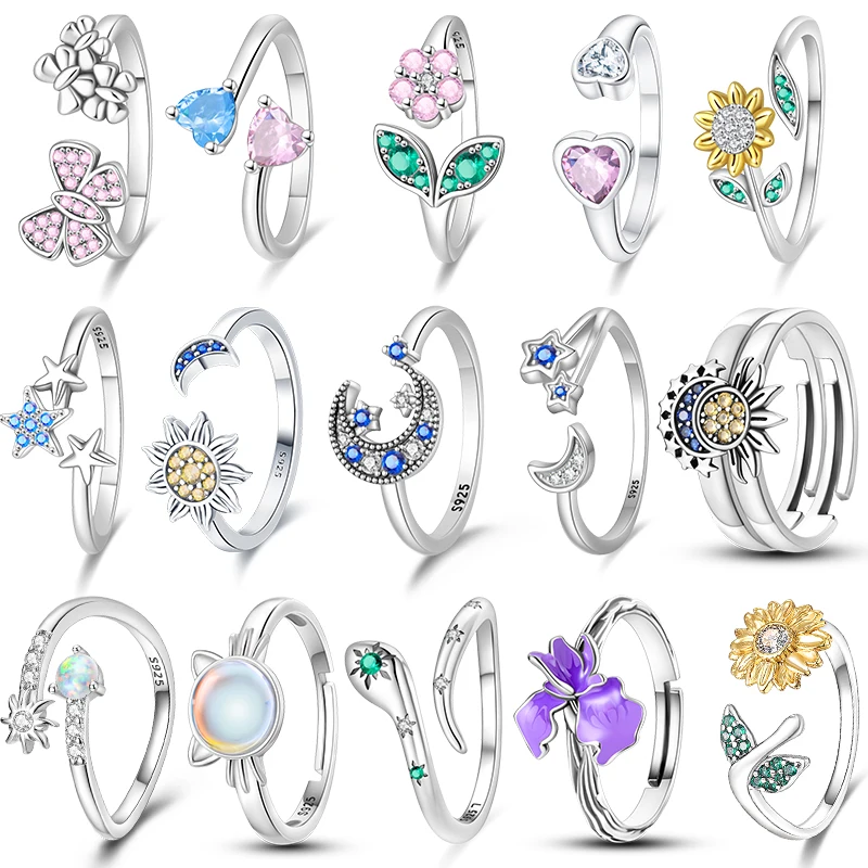 Original Damenringe aus 925er-Sterlingsilber, funkelnder Zirkon, Sonnenblume, Stern, Mond, offener Ring für Verlobungsschmuck, Jahrestagsgeschenke