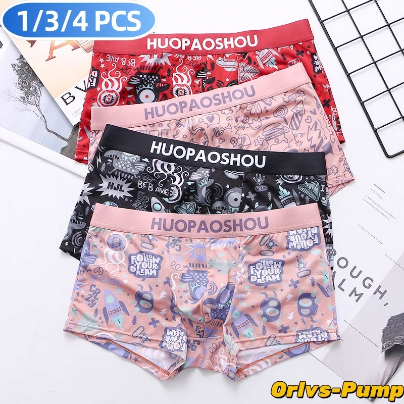 1/3/4PCS Uomini Sexy Boxer Biancheria Intima di Raso Mutande di Seta Divertente Stampato Breve A Vita Bassa Mutandine Morbide Casual Della Pelle Mutandine