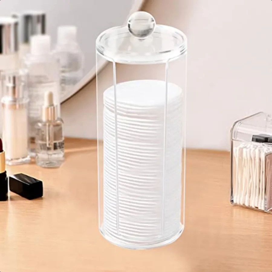アクリル製コットンラウンドホルダー、蓋付き、化粧台用、メイク落としパッドオーガナイザー、透明な丸型コスメティック収納ディスプレイケース