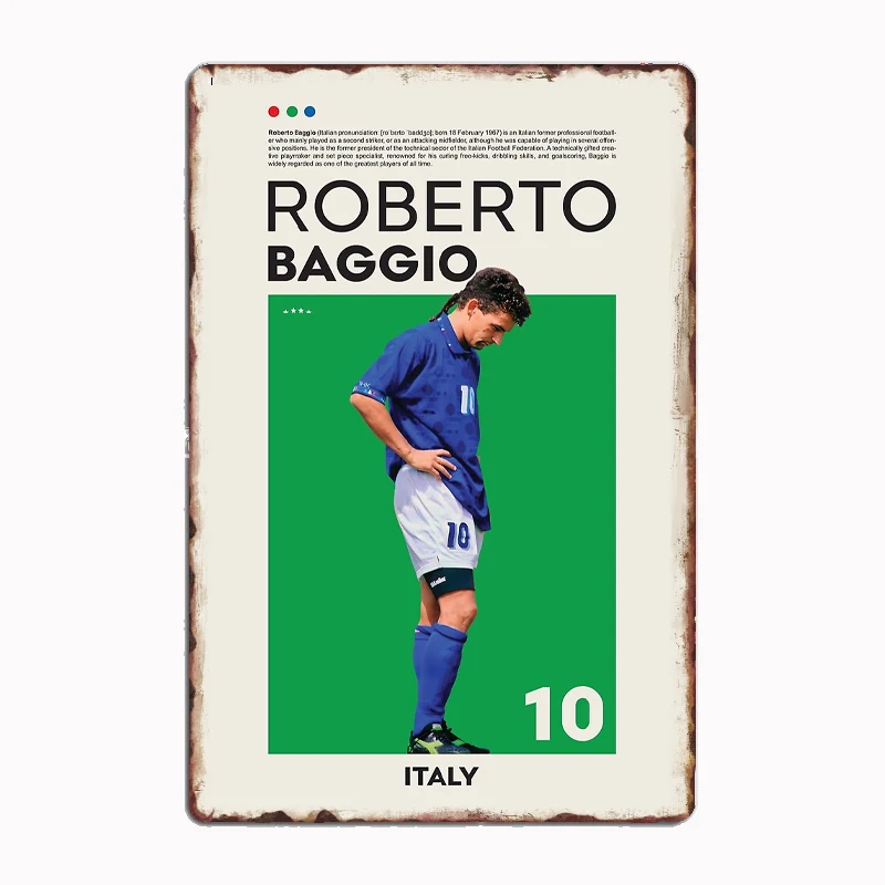 Póster de jugador de fútbol de Roberto Baggio, letrero de Metal para jugador de fútbol, decoración de habitación interior para Club, decoración de pared de estaño personalizada para el hogar