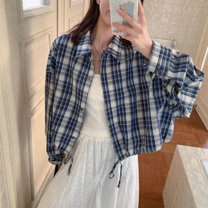 

Fashion Vintage Plaid Loose Blouse Spring Autumn Stylish Shirring Drawstring Female Clothing Lapel Casual Long Sleeve Shirts New