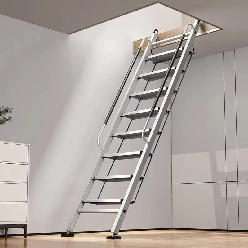 7-Steps 8-Steps 9-Steps Thickened Aluminium Attic Loft Ladder Carbon Steel Ladder Footboard Handrail Climbing Ladder for Home