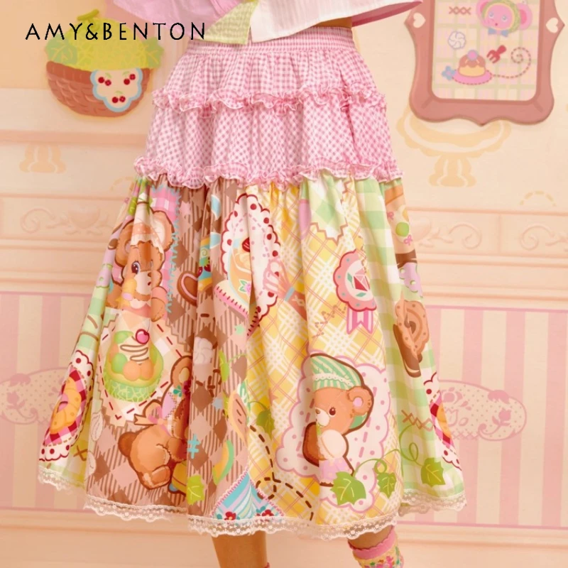 

Japanese Design Cute Animal Print Women's Skirt Autumn New Plaid Splicing Lace Trim Loose Versatile Mid-Length Skirts Ladies