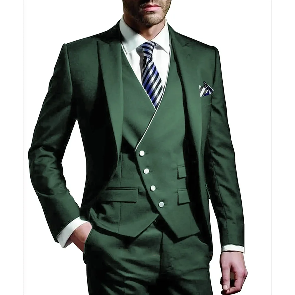 

Green Men's Suit 3 Piecs Blazer Pants Vest Peak Lapel Elegant Formal Business Banquet Coustome Suits