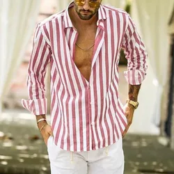 Men Pink Stripe Shirt Long Sleeve Spring Male Casual Print Button Down Baggy Shirts Blouse Clothes