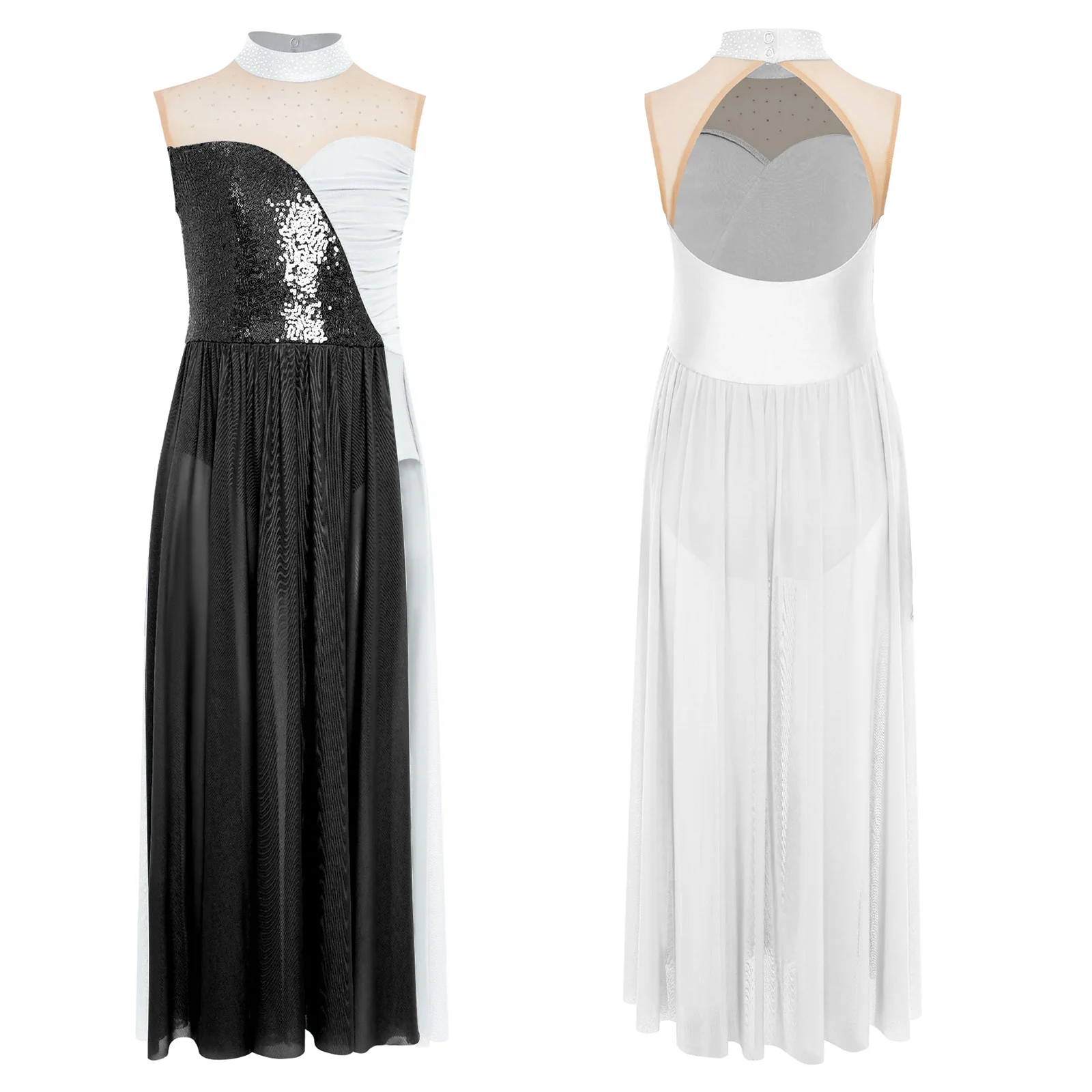 

Kids Girls Lyrical Dance Dresses Color Matching Cutout Back Costume Sparkly Sequins Bodice Mesh Dress Stage Performance Outfit