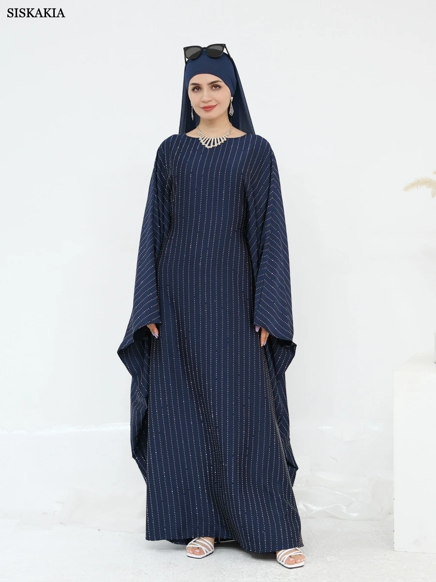 

Siskakia Dubai Luxury Woman Abayas Muslim Rhinestone Decorated Dress Batwing Sleeve Arab Tunics Kaftan