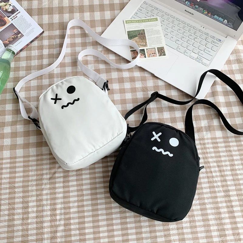 Bolso de lona de dibujos animados para mujer, bolsa de hombro, Kawaii, fantasma divertido, blanco y negro