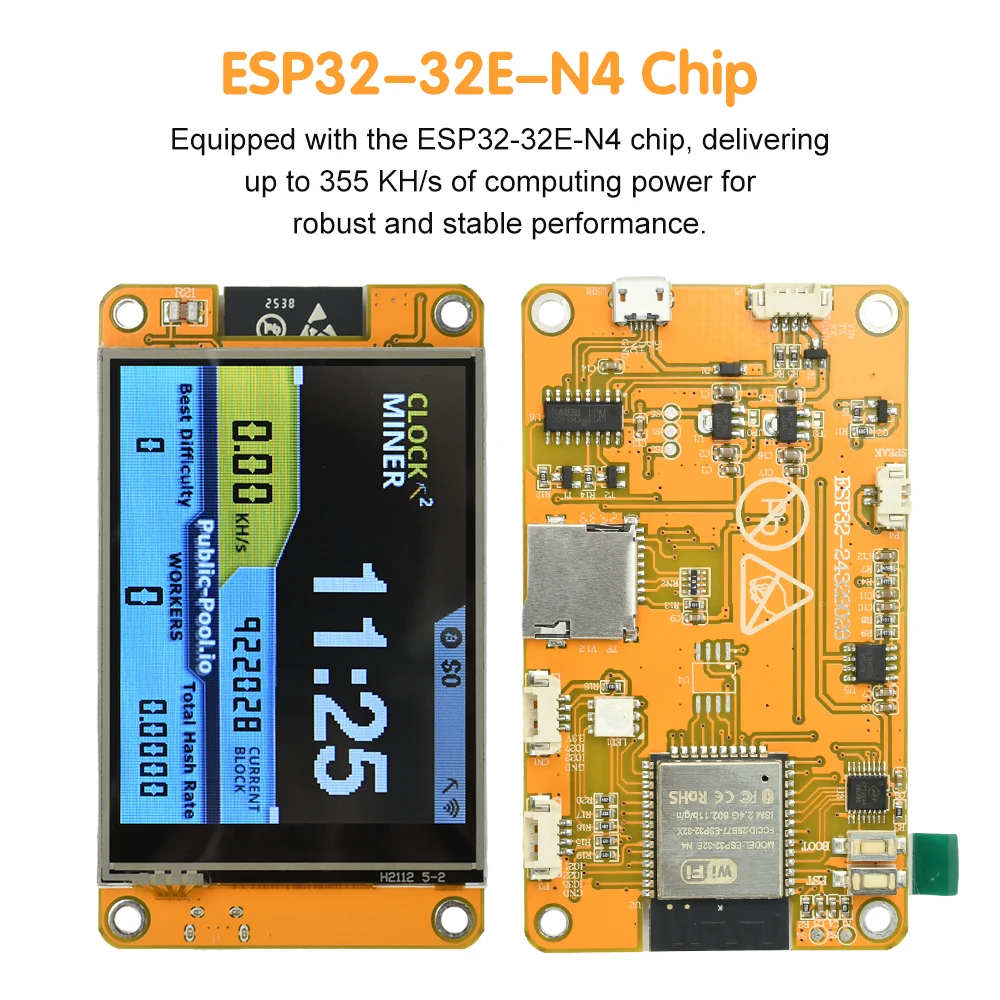 لوحة تطوير ESP32 مع شاشة OLED مقاس 2.8 بوصة ومعدل تجزئة 355 كيلو هرتز/ثانية وتعدين BTC ESP32-2432S028 متوافقة مع USB المصغّر