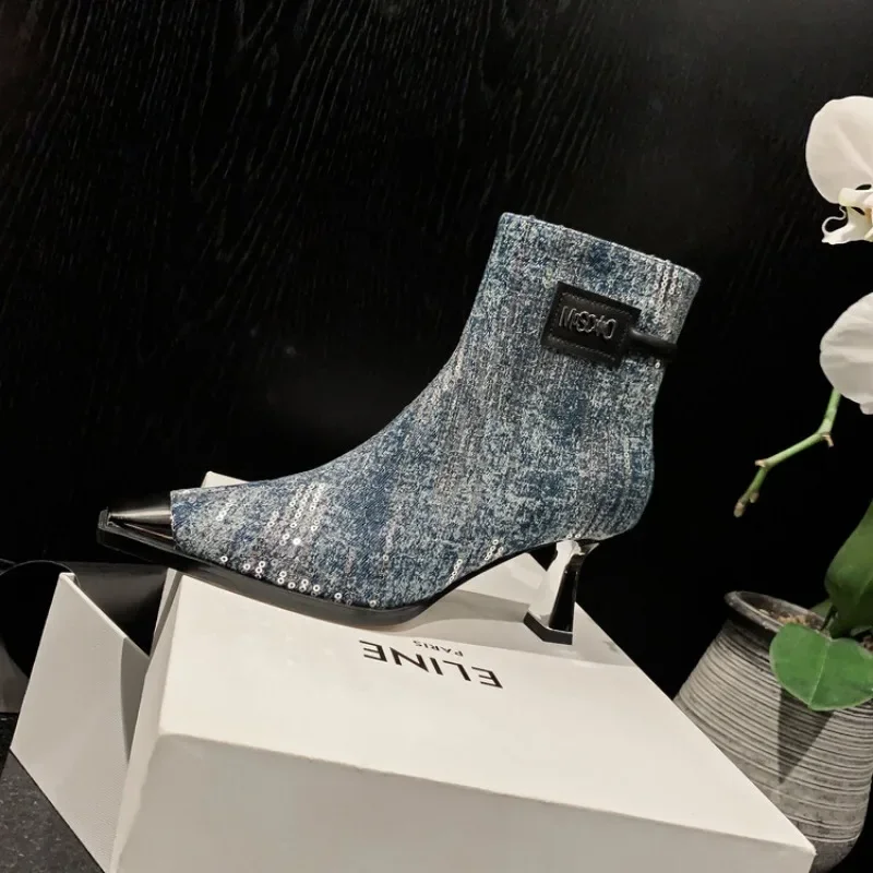 

Brand Denim Sequin Short Boots 7cm Slim Heel Fashion Metal Pointed Toe Ankle Boots 2023 Autumn Sexy Zipper Women's Shoes 33-40