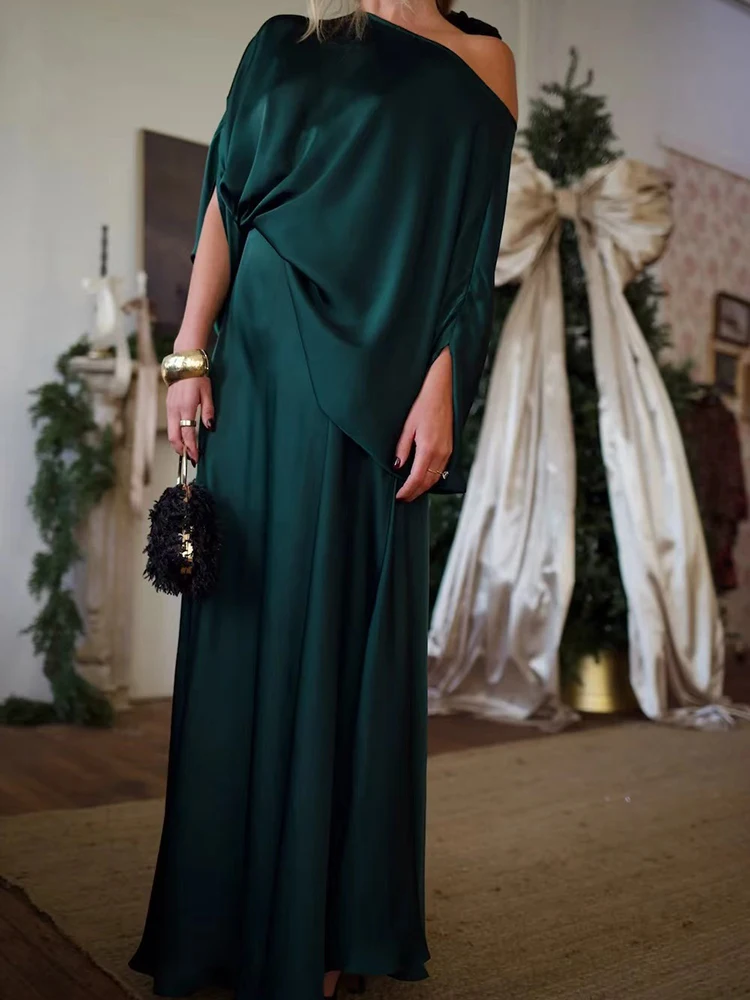 

Сексуальный комплект из атласного топа с вырезом и юбки-полусолнце, элегантный однотонный свободный костюм для офиса, весна-лето, новинка, простой наряд для вечеринок