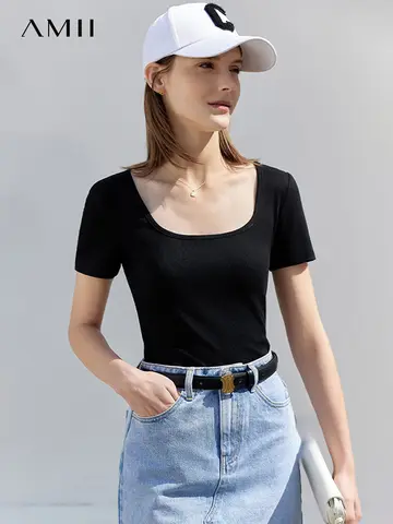 AMII 여성용 미니멀리즘 티셔츠, U넥 상의, 편안한 탄성 슬림, 다목적 반팔, 소녀 티, 2024 여름 12342288