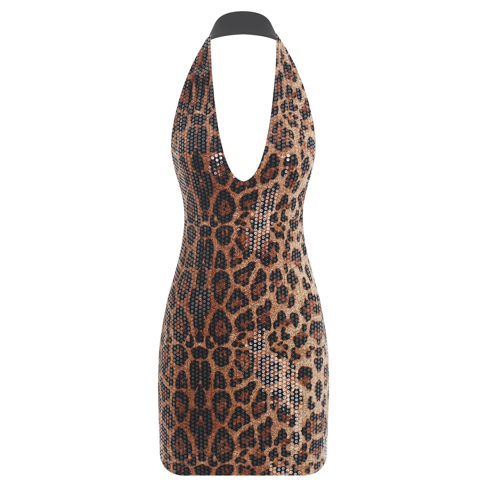 

Women's Sissy Leopard Print Sequin Party Dress Deep V Halter Neck with Open Back Bodycon Metallic Mini Dress for Nightclub Party