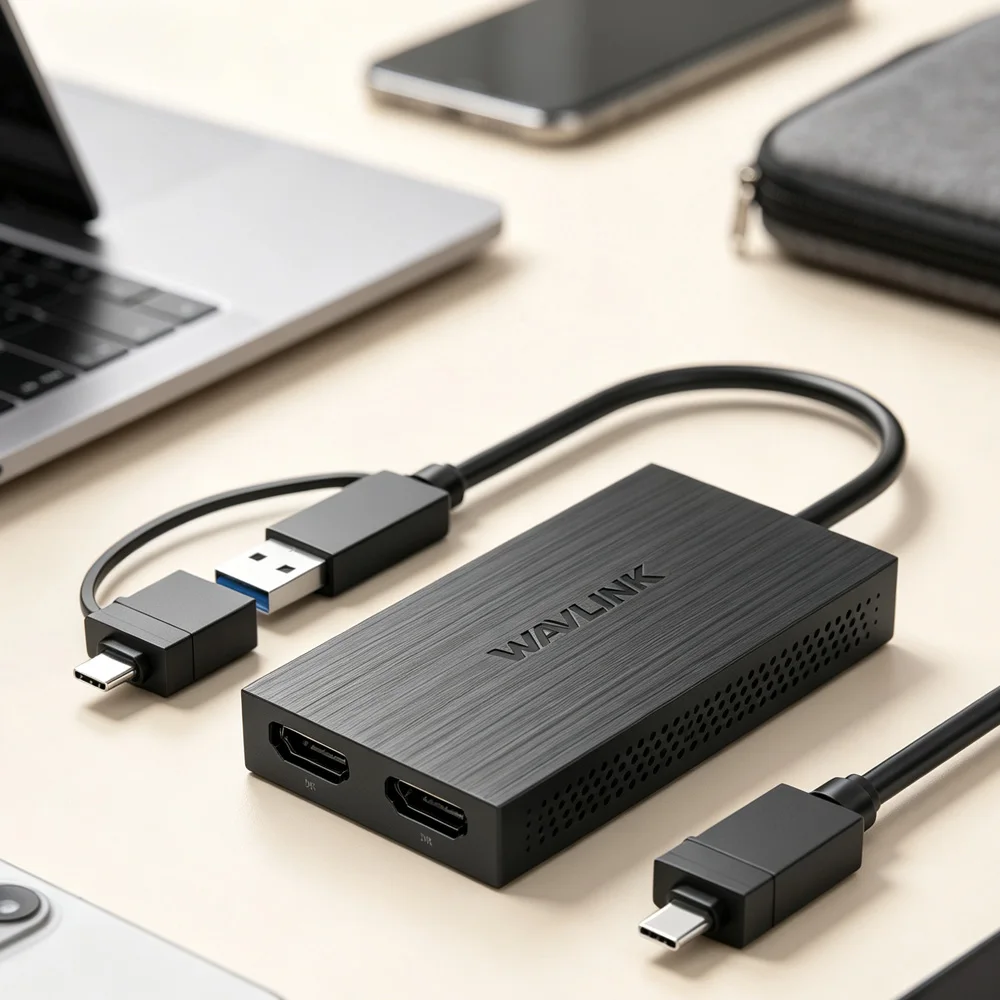 WAVLINK USB C Dual HDMI Splitter Multi Display Adapter, 4K 2K HDMI Video Converter, USB A Extender for Laptop Monitor Projector