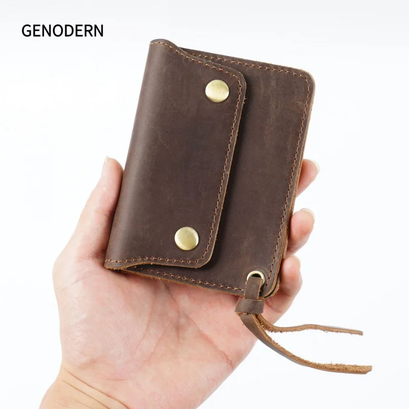 GENODERN Vintage Crazy Horse Leather First Layer Cowhide Simple Card Holder Handmade Genuine Leather Short Wallet