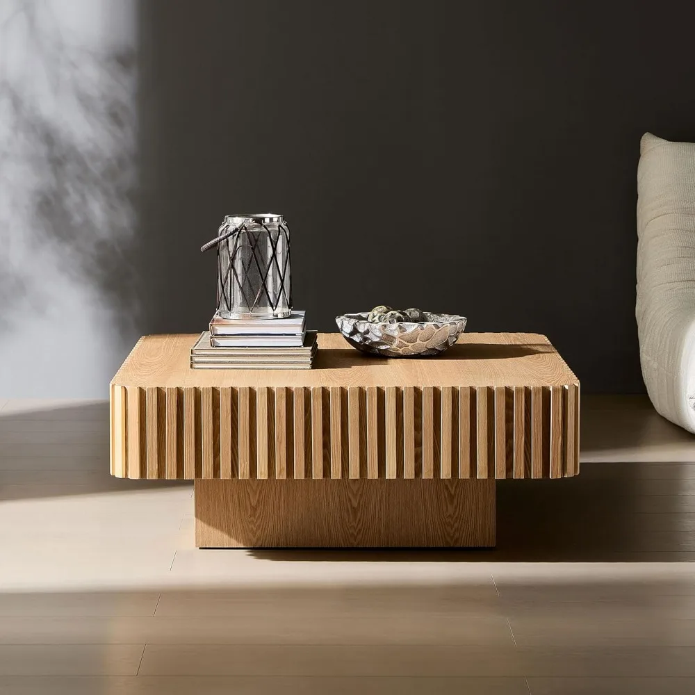 35-inch Mid-Century Modern Drum Coffee Table - Handcrafted Round Wood Center Table for Living Room and Home Office in Natural Fi