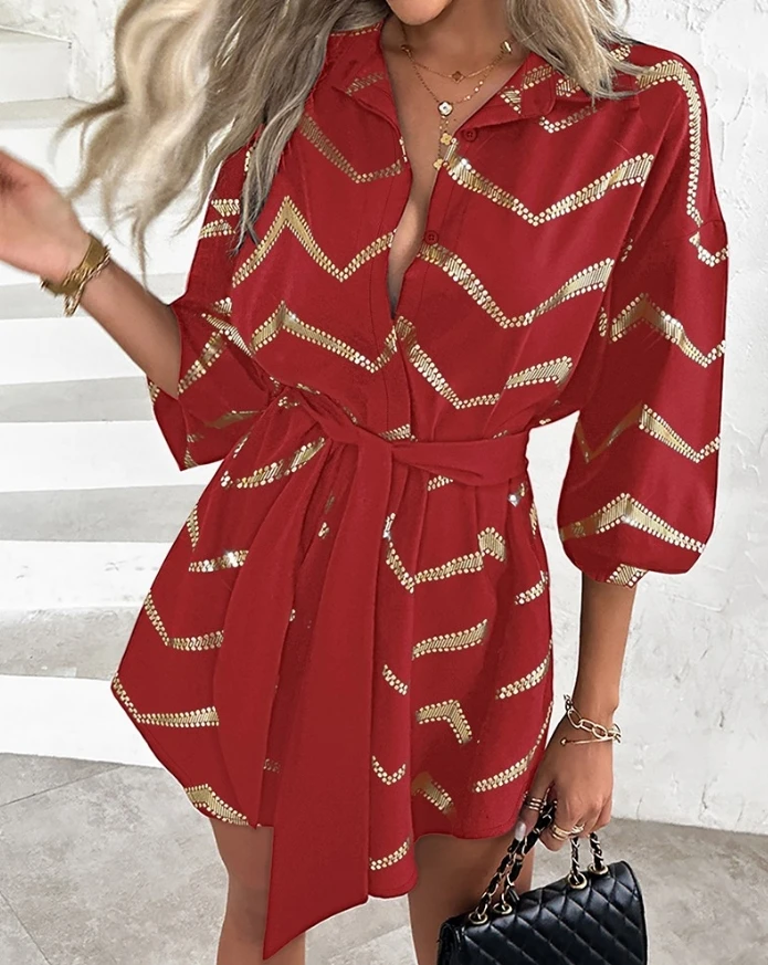 

Women's Dress 2025 Spring Summer Latest Collar Bronzing Chevron Print Tied Detail Mini Shirt Dress Long Sleeve Short Skirt