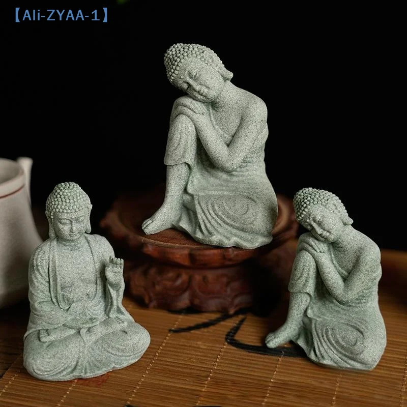 【ZYAA-1】1Pcs Mini Buddhism Figurine Desk Decor Home Zen Statue Green Sandstone Thailand Ornament Buddha Garden Statue Decor