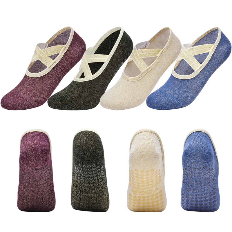 Women Yoga Socks Round Head Gold Silk Cross Strap Back Anti-Slip Gym Fitness Breathable Pilates Dance Sports Socks