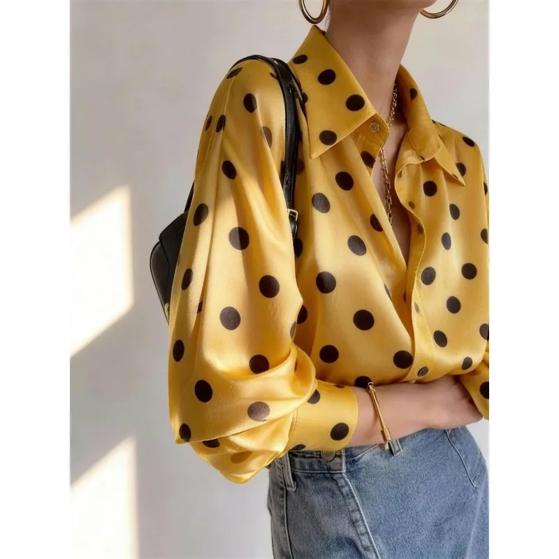 

Unique Beautiful Extremely Attractive Yellow Polka Dot Shirt Women To Layer and Wear Super Popular French Acetate Satin Blouse