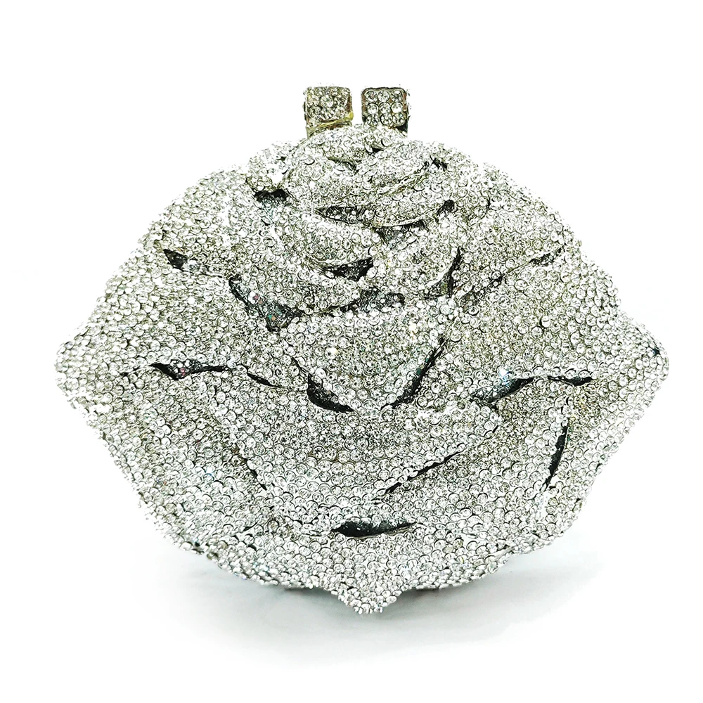 WHTUOHENG Silver Rose Flower Rhinestone Evening Clutch Bag Luxury Women Wedding Party Handbag Formal Diamond Bags Crystal Purs
