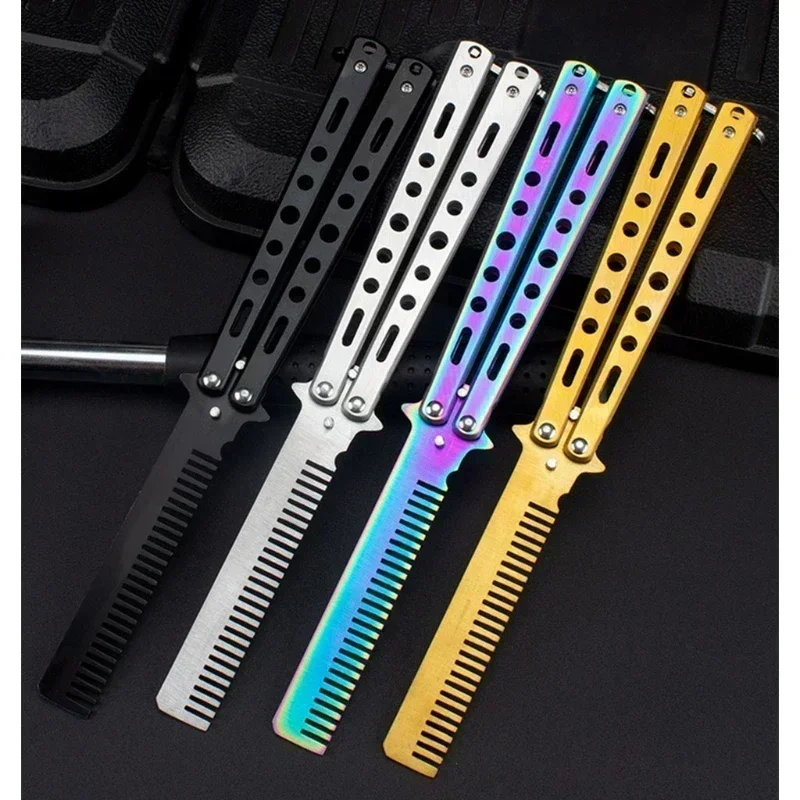 

Foldable Comb Stainless Steel Practice Training Butterfly Knife Comb Beard Moustache Brushe Salon Hairdressing Hair Styling Tool