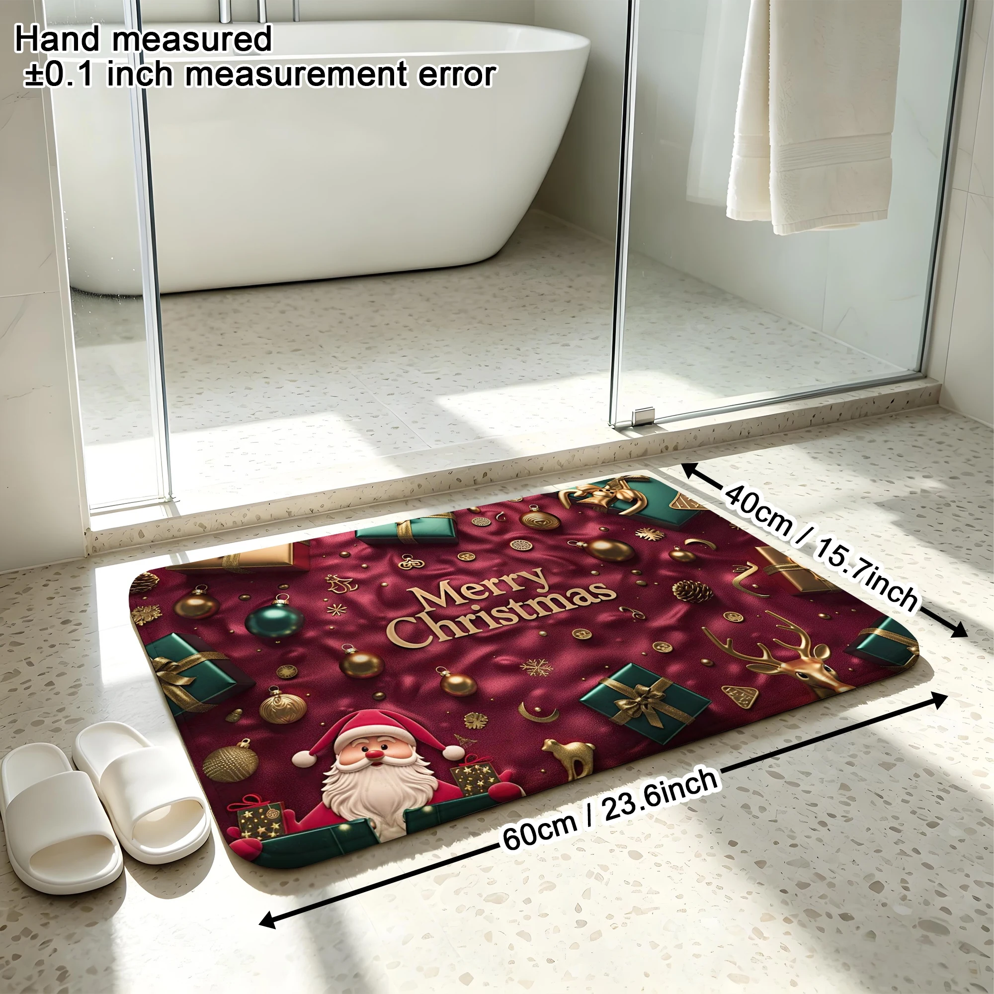 Luxury 3D Santa Gift Box Ornament Print Plush Absorbent Sponge Mat,Bathroom Non‑Slip Mat & Decorative Door Mat
