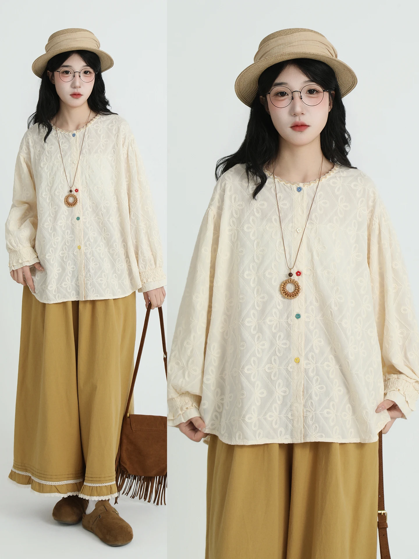 

Slimming Floral Embroidery Loose Women's irt Button up Casual Spring Faion Cotton Long Sve round Ne Open Cardigan