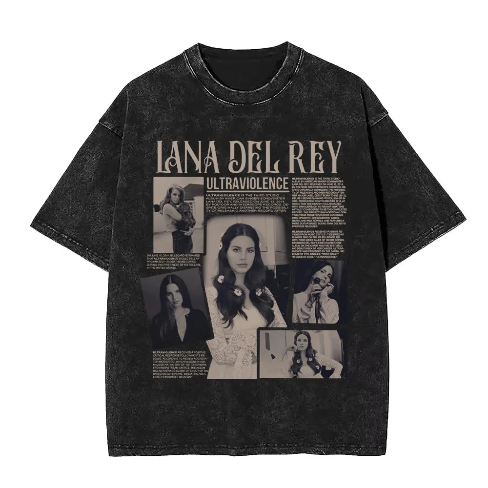 Singer Lana Del Rey Ultraviolence Vintage Washed T-shirt Fans Gift Men Women Fashion Pop Music Short Sleeve T-shirts Streetwear