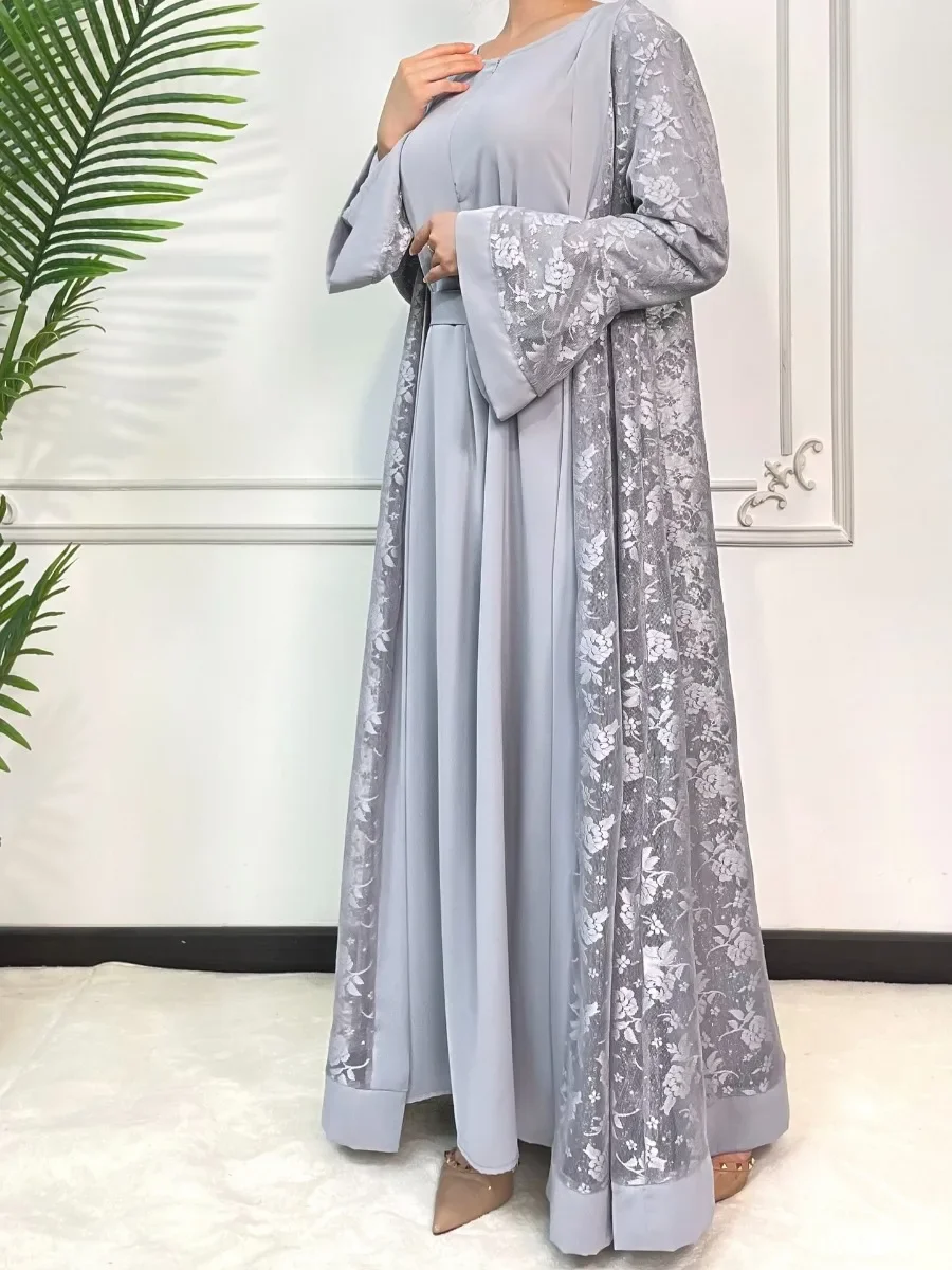Ramadan Eid koronka modlitewna Abaya 2-częściowy zestaw wewnętrzny damski rozkloszowany rękaw długi Abayas Kaftan Djellaba Dubai Party Vestidos 2024