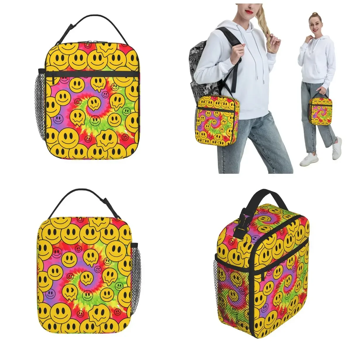 Crazy Tie Dye Melt Smile Faces Thermal Insulated Lunch Bag Work Trippy Portable Bento Box Thermal Cooler Lunch Box