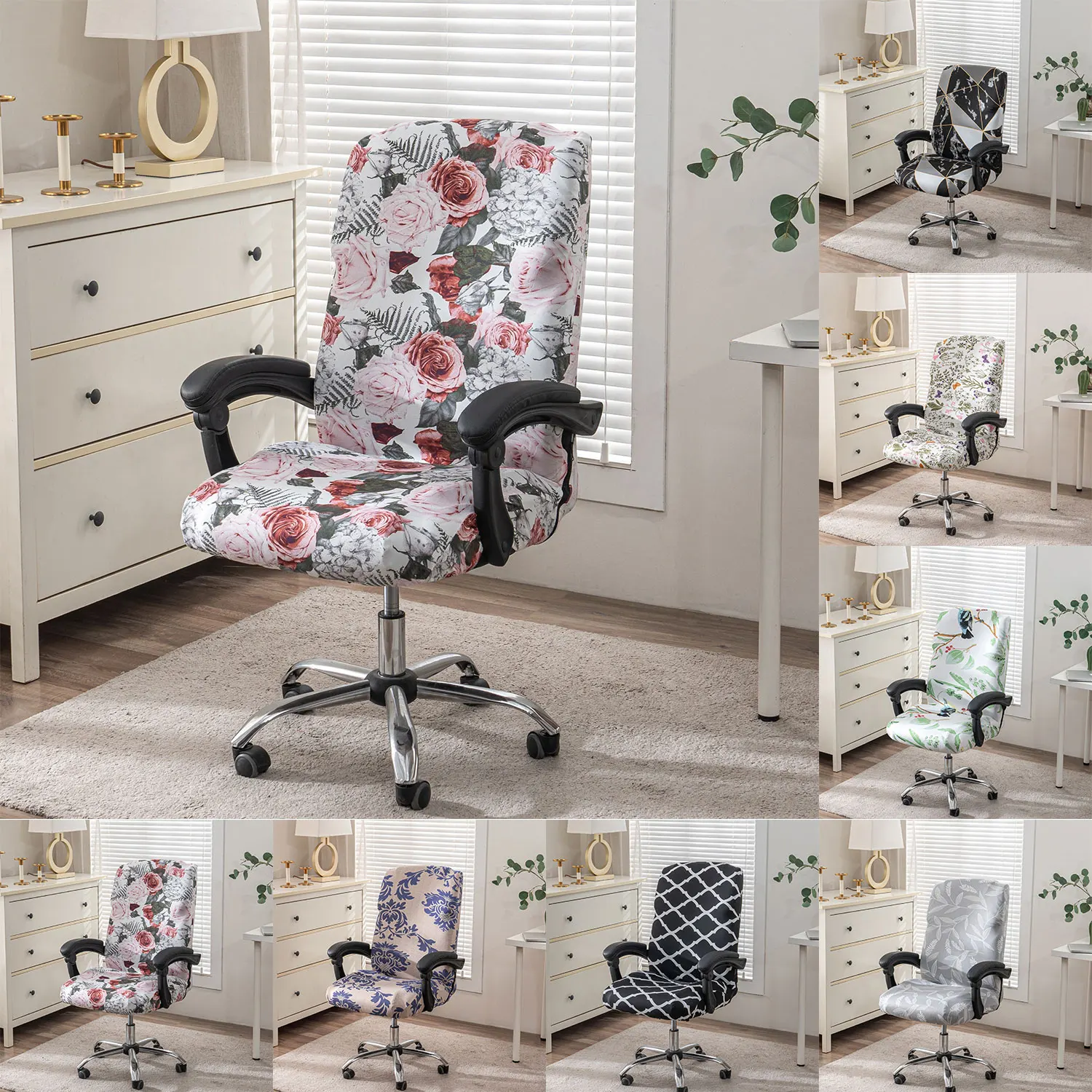 1PC Stretch Printed Computer Office Chair Covers, Soft Fit Universal Desk Rotating Chair Slipcovers, Removable Washable Anti-Dus