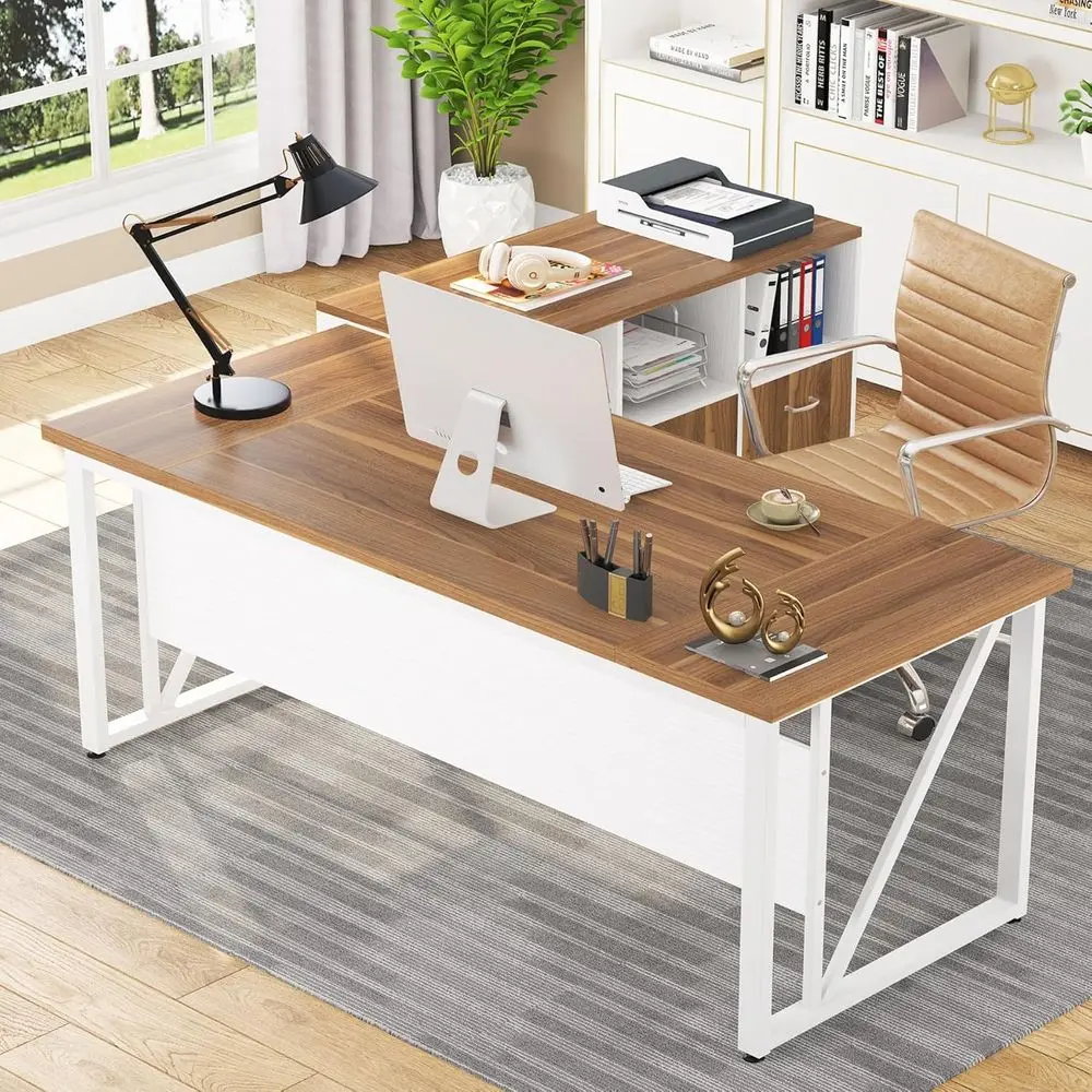 

Угловой компьютерный стол из орехового дерева и белого материала с местом для хранения и ящиками