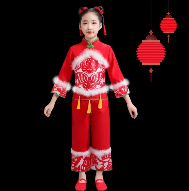 Traje yangko vermelho para crianças trajes de palco clássico guarda-chuva fã roupas de dança nacional hanfu yangko dança wear