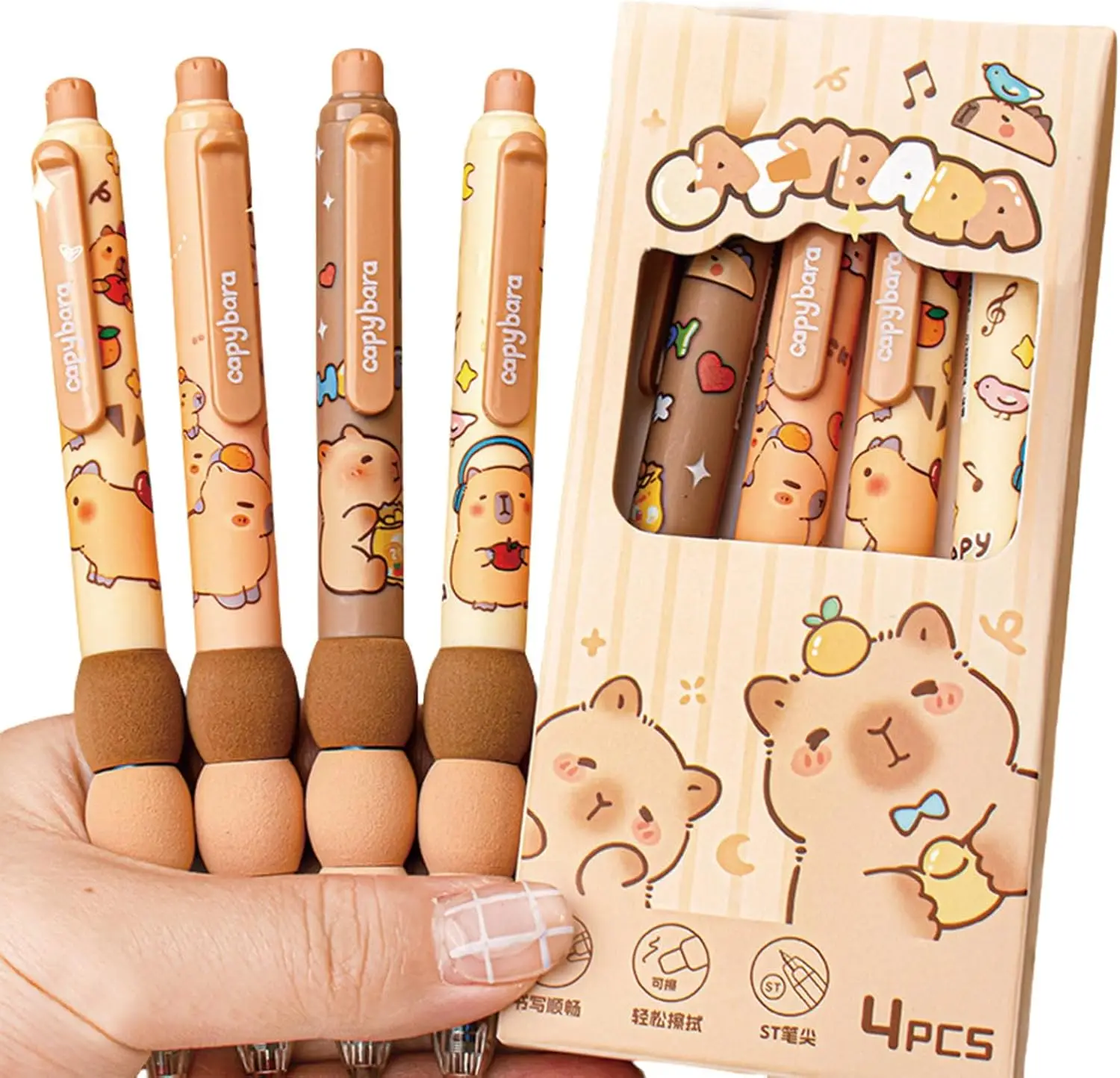 Brown 4 Pcs Erasable Gel Pens Cartoon Retractable Erasable Pens Cute Capybara Pens 0.5mm Blue Ink Pen Office School Pens Women