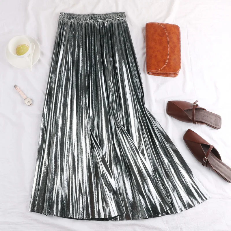 Half length skirt 2024 Spring Korean reflective fabric pleated skirt mid length A-line skirt for women Autumn/Winter new