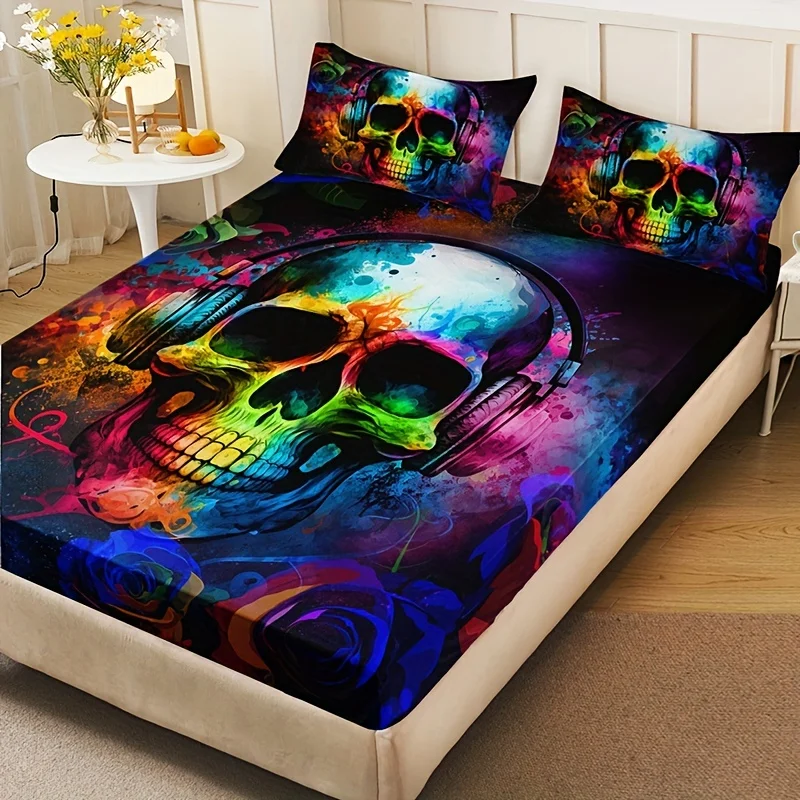 Rose Skull Fitted Sheet Soft Comfortable Solid Color Light Grey Bedding Fitted Sheet For Bedroom Guest Room With Deep Pocket 4