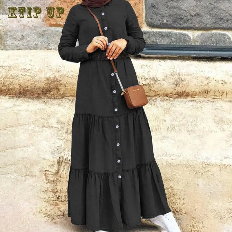 Denim Abaya Women Long Sleeve Maxi Dress Muslim Kaftan Dubai Button Robe Casual Jilbab Arab Gown Islamic Clothing Eid Ramadan