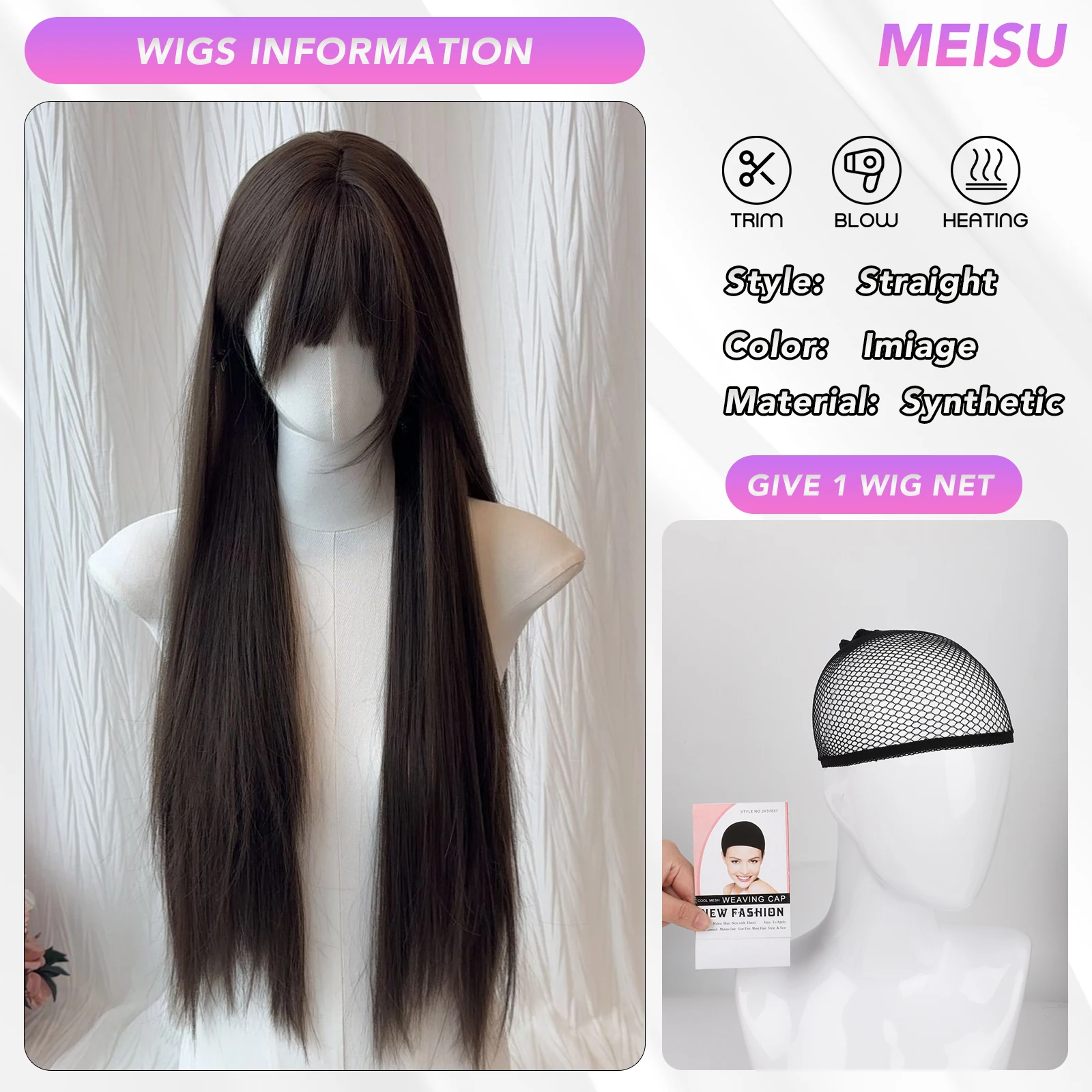 MEISU 32-Zoll-Perücke mit geradem Pony, synthetische Faser, geschichtetes Haar, hitzebeständig, natürlich, glatt, verlängertes Haar, Selfie-Party – Detail 3