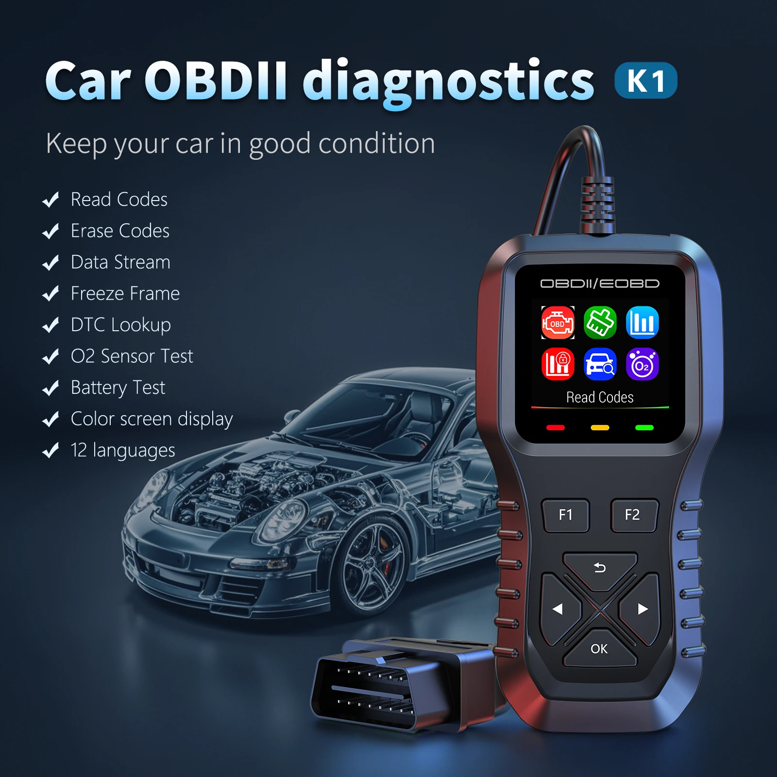

K1 Auto Electronics Direct Factory OBD2 Scanner Диагностический инструмент 12-язычная совместимость и 9 моделей для диагностики транспортных средств