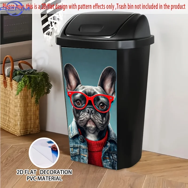 French Bulldog with Red Glasses Self-Adhesive Dustbin Stickers, PVC Trash Can Decorative Stickers, Wheelie Bin Stickers,  for